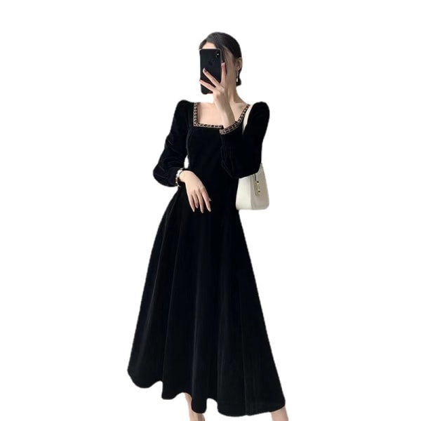 Kvinnor i fransk stil i sammetsklänning med fyrkantig krage, retro svart midiklänning Black L