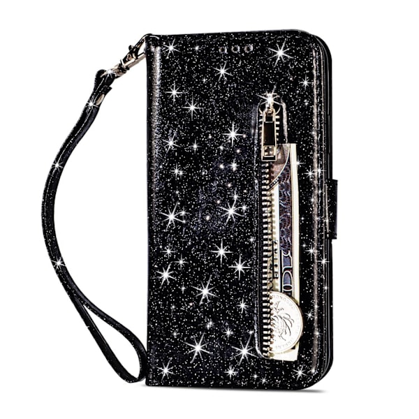 Etui til iPhone 15plus sort lynlås glitter pung med kortholder