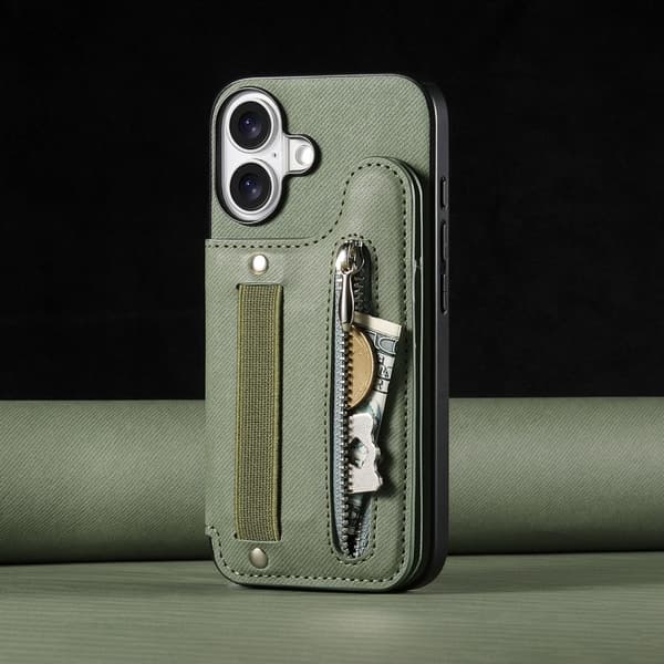 Etui til iPhone 16 Pro grønt lær flip-kort holder elastisk snor håndleddsbånd