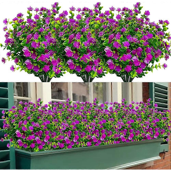 Kunstige Blomster, Falske UV-resistente Buksbom Buske Faux Plastik Grønne Planter Fushia 8