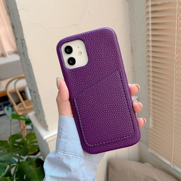 Kotelo iPhone 16e:lle Litsi-kuvioinen kortti violetti Kivisellä lompakolla ja korttipidikkeellä