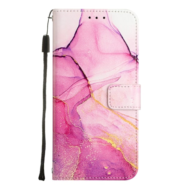 Kotelo iPhone 14 Prolle, pinkki, violetti, kultainen marmorikuvioinen magneettilompakko korttipidikkeellä