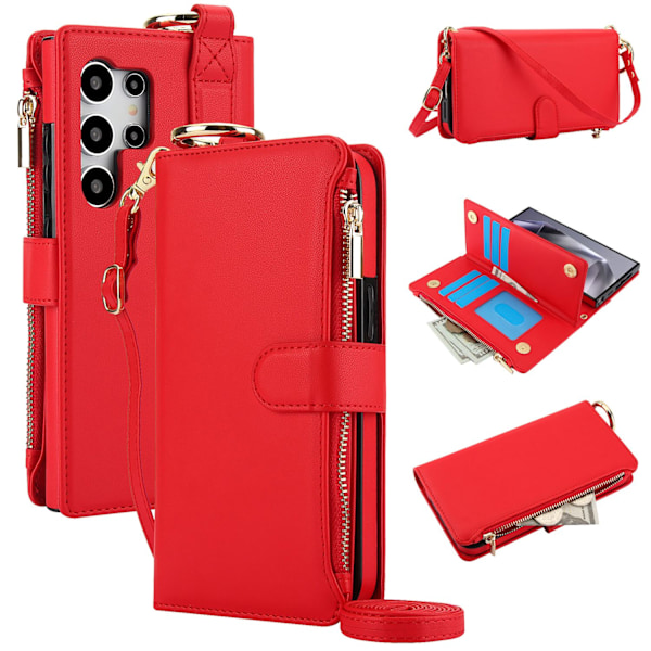 Kotelo iPhone 15 Plus -puhelimelle, punainen rengas, vetoketjullinen crossbody-lompakko korttipidikkeellä, useita kortteja