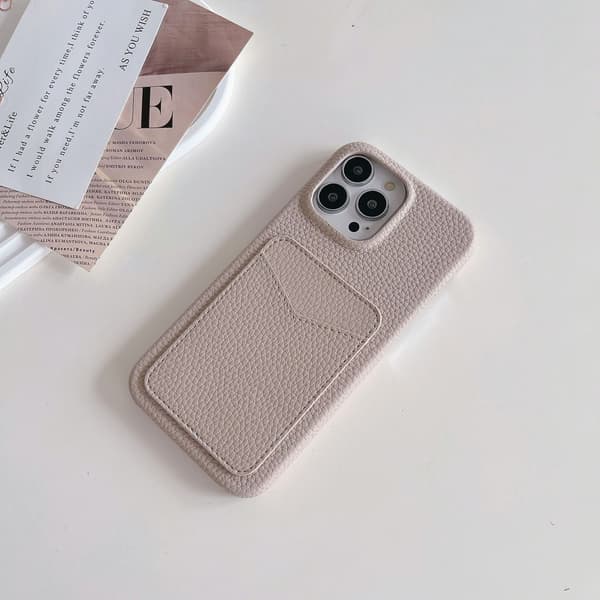Etui til iPhone 15 Lys Khaki Kortholder Lychee Læder Etui Klassisk Pebbled Kortholder Lædertekstur