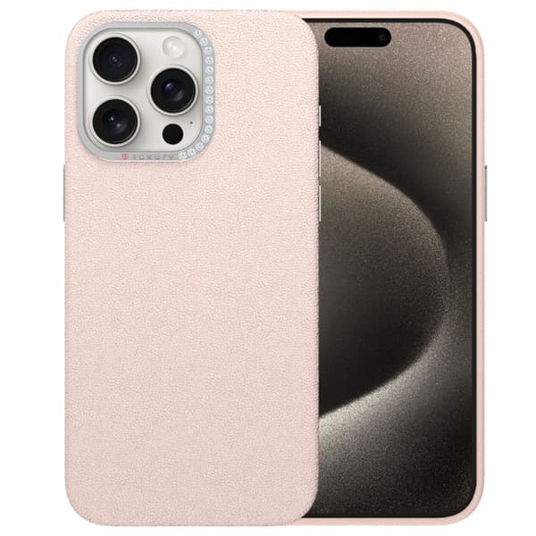 Etui til iPhone 15proMax pink diamantlinse, almindelig lædertekstur, klassisk