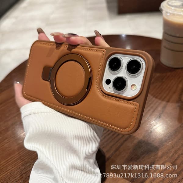 Fodral för iPhone 16Pro brun Magnetiskt metallstativ lädertextur airbag