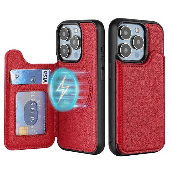 Etui til iPhone 15 Plus rød Magnetisk Lommebok med Kortholder