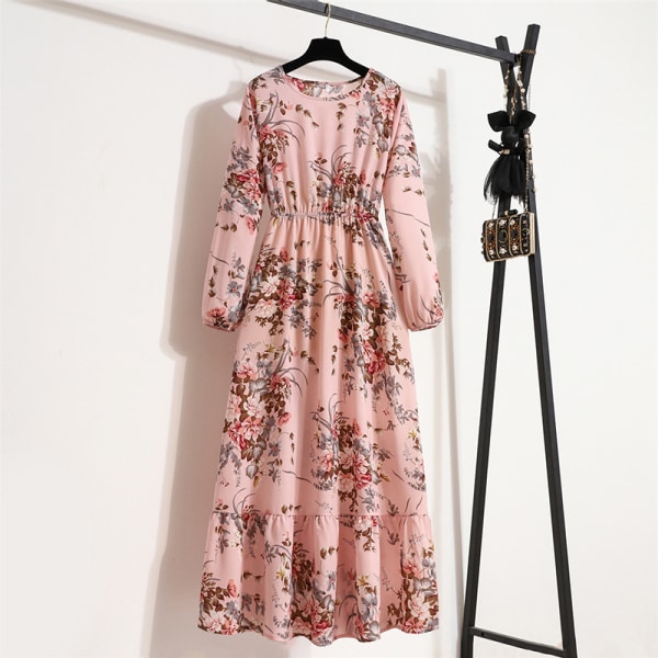 Blommig kjol, söt långärmad chiffongklänning med hög midja för kvinnor No 7 L