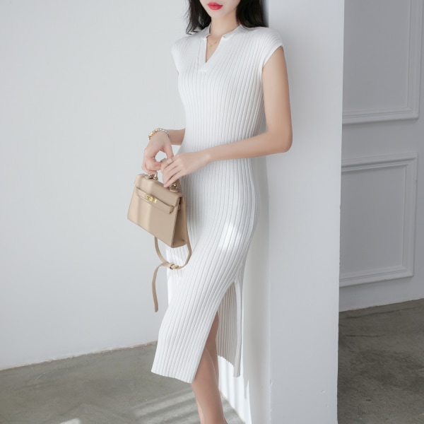 Retro kortärmad stickad klänning V-ringad Slim Fit Slit-kjol White L