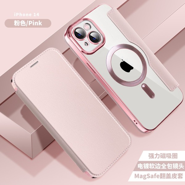 Fodral för iPhone 15promax flickaktigt rosa Magnetisk Elektropläterad Linsfilm Plånbok med Korthållare Flip Full-Body