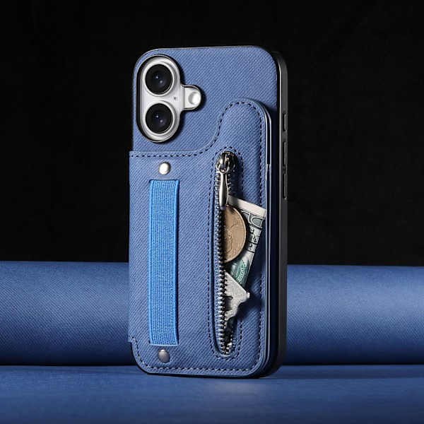 Etui til iPhone 15 blå Læder Flip Kortholder Elastisk Snor Håndledsrem