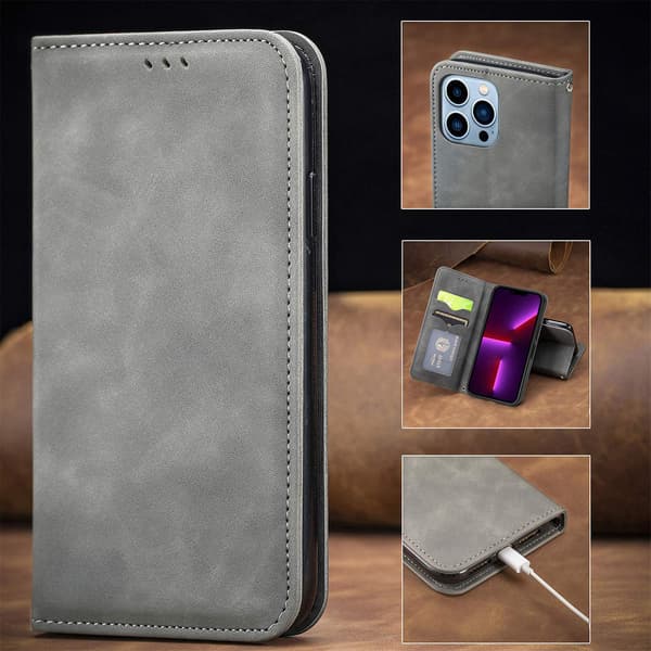 Etui til iPhone 15 Pro Max grå Flip Tilpassbar Multi-Modell Lommebok med Kortholder Slitesterk