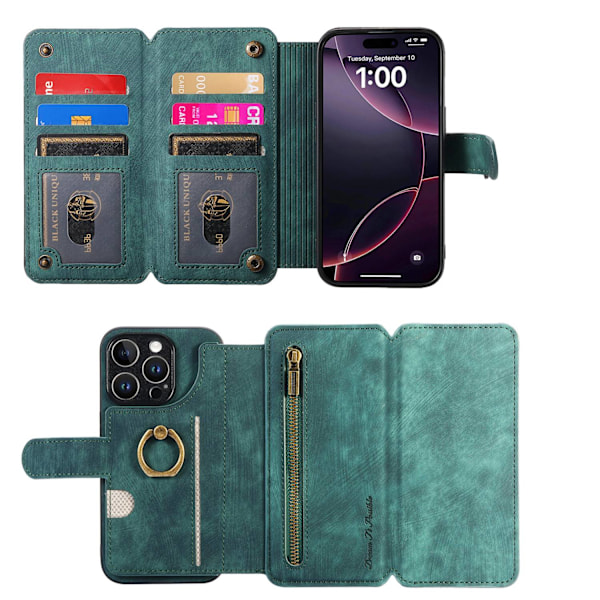 Fodral för iPhone 14 Pro Max grön Extra Stor Tri-Fold Flip Business RFID-Blockerande Multi-Plånbok med Korthållare