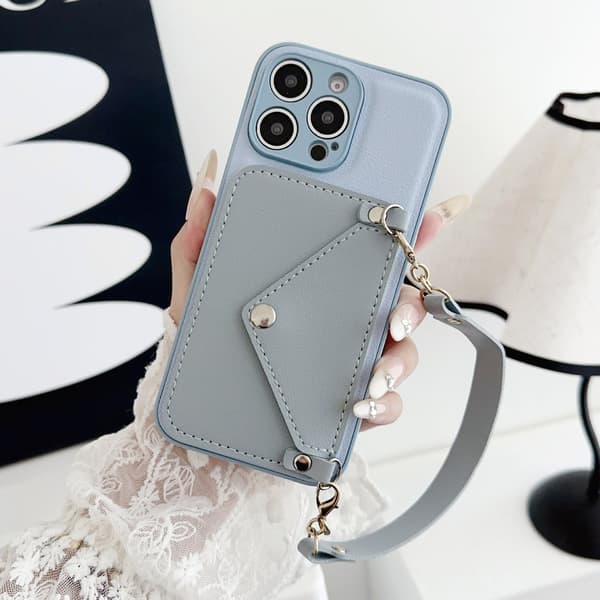 Etui til iPhone 13 blå 2 i 1 Pebbled Plain Wrist Wallet med kortholder