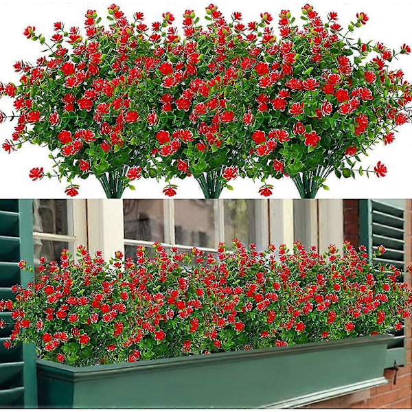 Kunstige blomster, falske UV-bestandige buksbom busker, kunstige plastplanter Red 4
