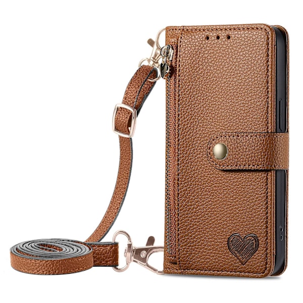 Etui til iPhone 14 Plus Brun [lang crossbody snor] Source Love Pebbled RFID-Blocking Rem