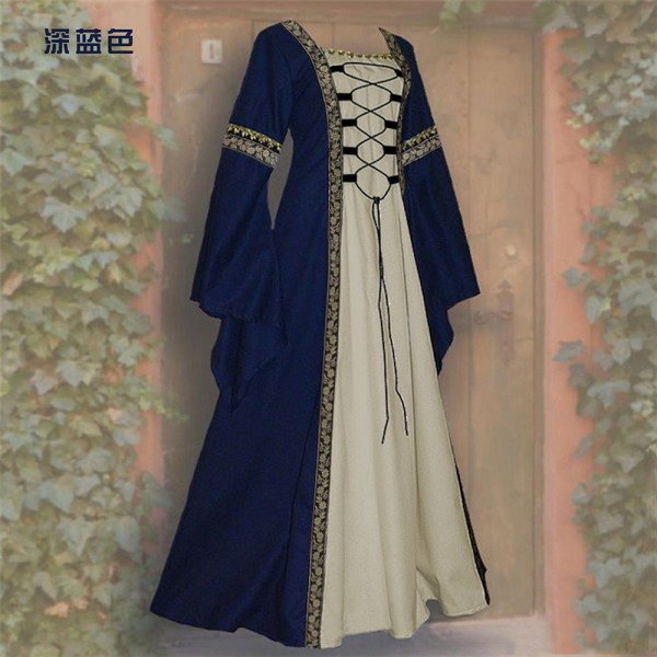 Fyrkantig krage Bell Sleeve Lång Klänning Gothic Vintage Robe Dark Blue S