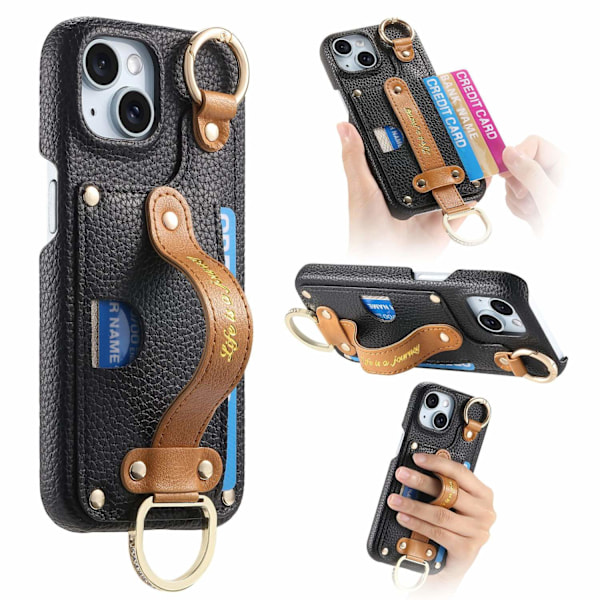 Fodral för iPhone 14 Plus svart Pebbled Armbands Hårdvara Spänne Plånbok med Korthållare Ställ Läder