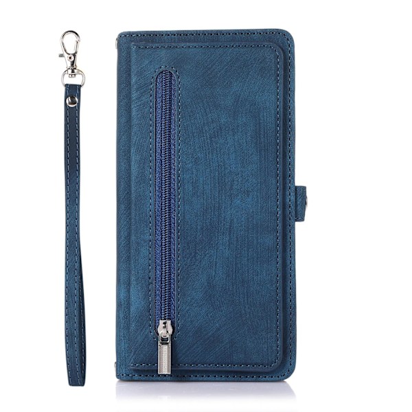 Fodral för iPhone 15 Plus kungsblått armband dragkedja Multi-kort Crossbody Multi-kort Plånbok med korthållare Konst