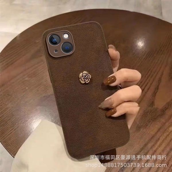 Etui til iPhone 14 Pro mørkebrun + kamelia [månegravsmønster] ins måneformet lædertekstur retro kreativ helkrops
