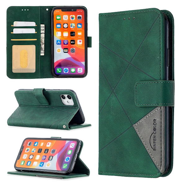 Etui til iPhone 14 Pro Max grøn Diamantformet Mixed Media Wallet med Kortholder Flip