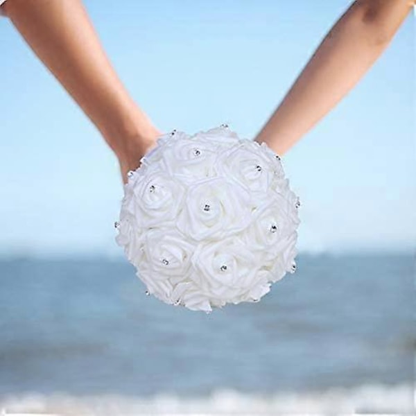 En gul bukett för brudtärnor med diamantmjukt band, konstgjorda PE-rosor för bröllop (Diameter: 21 cm H: 25 cm)