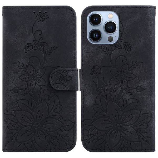 Etui til iPhone 13 Pro svart Lily preget 3D-preget lommebok med kortholder