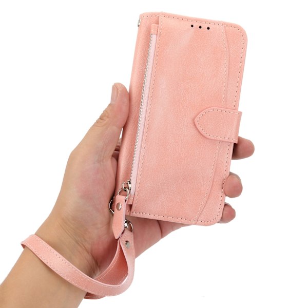 Kotelo iPhone 13 6.1:lle, vaaleanpunainen rannekoru, crossbody-vetoketjullinen läppälompakko korttipidikkeellä ja hihnalla