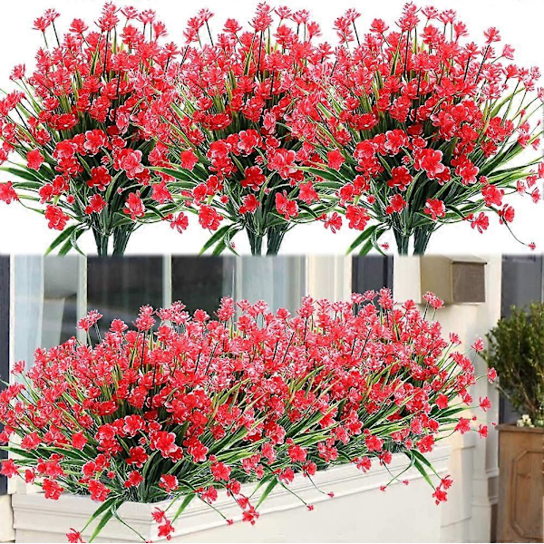 8 Bunter Kunstige Fake Blomster UV-bestandige Busker Planter, Falsk Plast Grønt Red 8