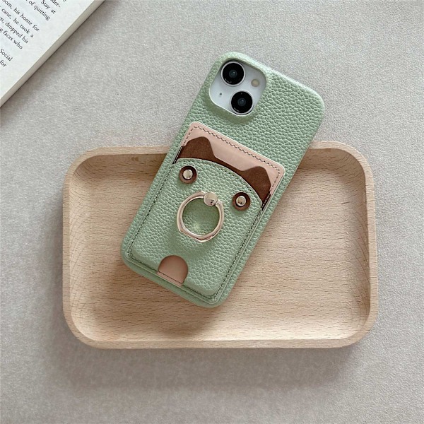 Fodral för iPhone 13 Pro Max Matcha Grön Läder Söt Nalle Stenmönstrad
