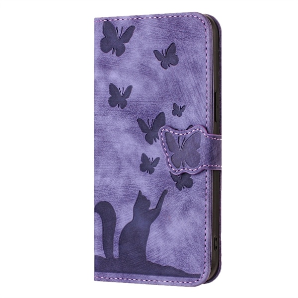 Fodral för iPhone 14/13 Lila-Präglat Fjäril Katt Läderfodral Fjäril Katt 3D Präglat Flip Plånboksfodral med Korthållare