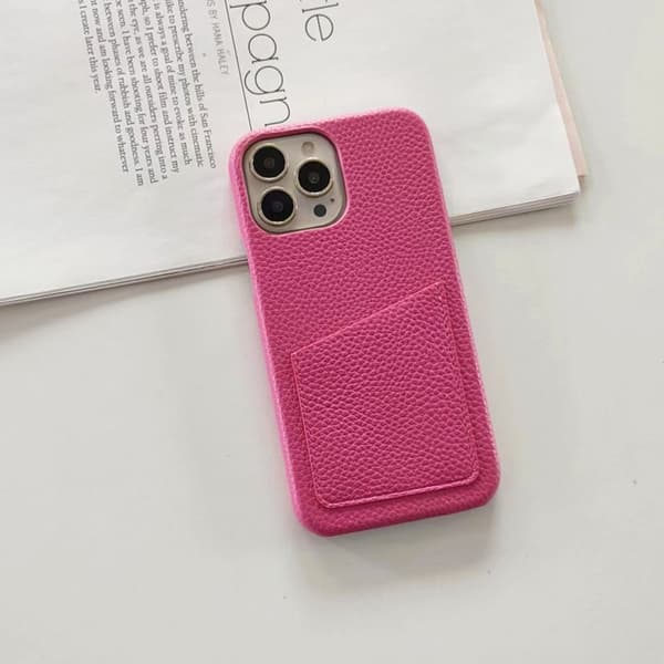 Fodral för iPhone 13pro Rosaröd Pebbled Plånbok med Korthållare klassisk halv pack