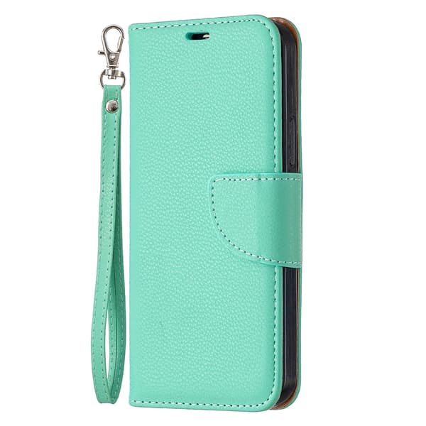 Etui til iPhone 14Promax grøn Pebbled Plain Flip Wallet med kortholderrem