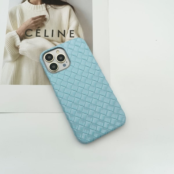Etui til iPhone 15plus, himmelblå vævet lædertekstur, er fugtig og hård