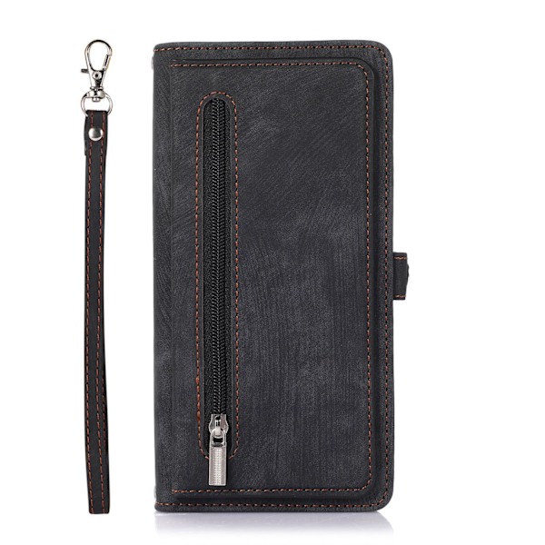 Kotelo iPhone 16 Plus -puhelimelle, musta, käsihihnalla, vetoketjulla, monikortti Crossbody -lompakko korttipidikkeellä, taide