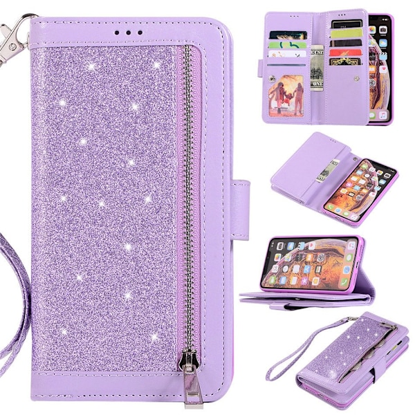 Etui til iPhone 16 Lilla glitter ni-kort lynlåspung Wallet med kortholder