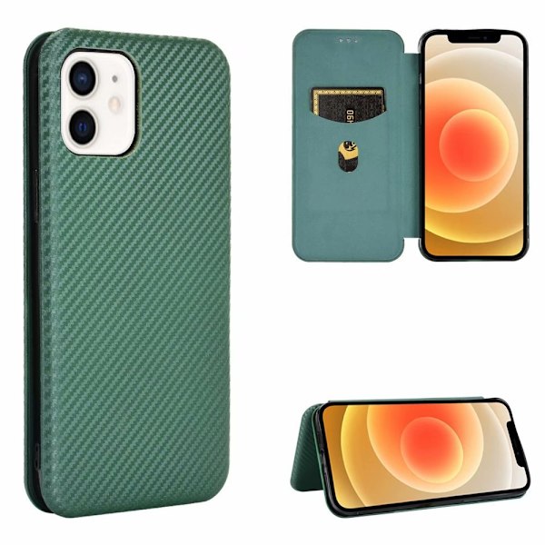 iPhone 13 Pro -kotelo, vihreä hiilikuituinen lompakkokotelo korttipidikkeellä, magneettinen lompakkokotelo korttipidikkeellä