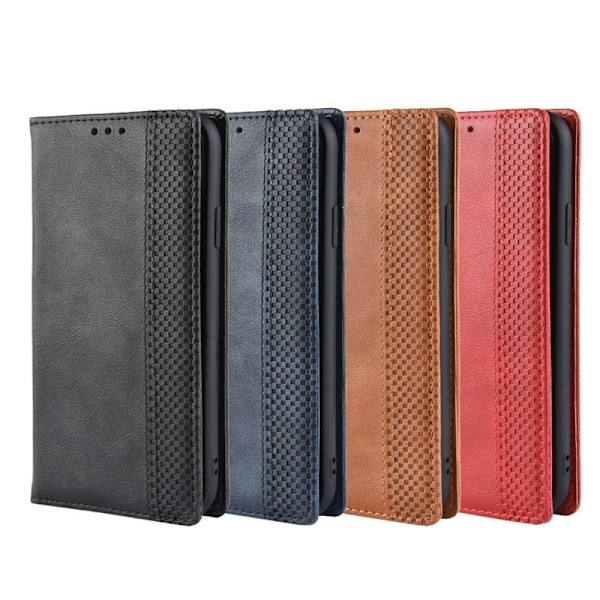 Etui til iPhone 14 Pro, blå Retro Snap-On Mixed Media Wallet med kortholder Flip