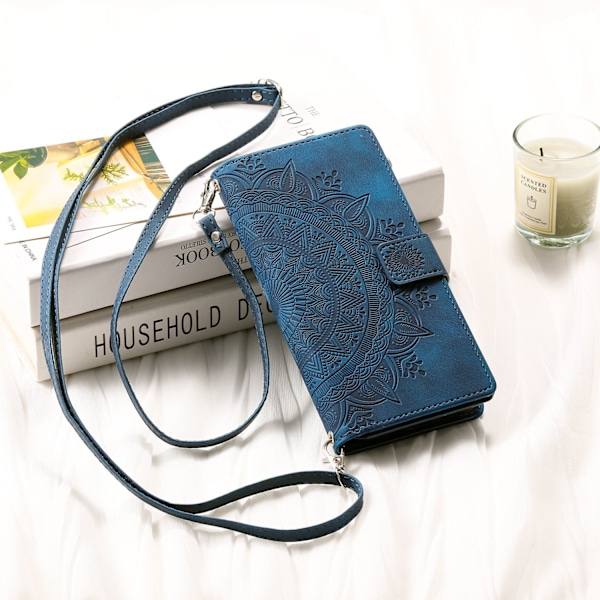 Etui til iPhone 13 Pro Blå + lang lanyard Multi-kort Totem Lynlås Flip Wallet med Kortholder