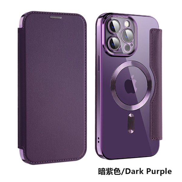 iPhone 15 Pro -kotelo, violetti magneettilompakko korttipidikkeellä, yksivärinen galvanoidulla läpinäkyvällä