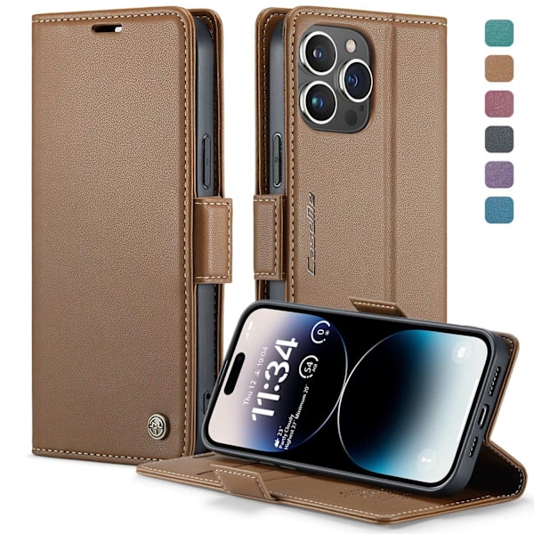 Etui til iPhone 14/iPhone 13 brun Butterfly RFID-blokerende pung med kortholder