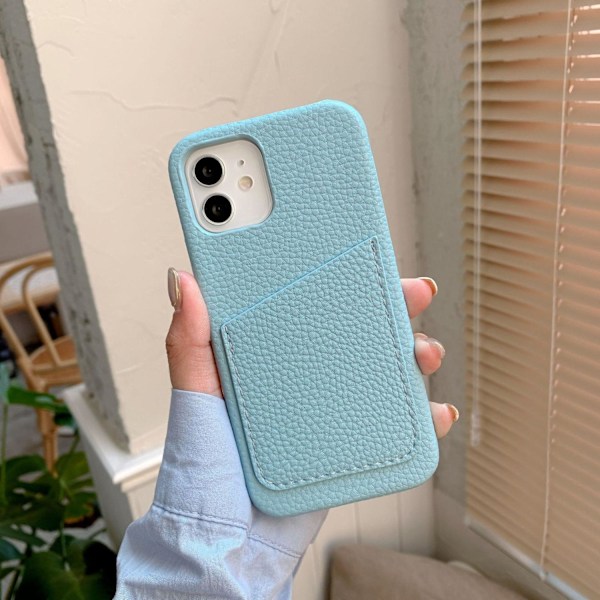 Etui til iPhone 16pro Litchi mønster kortslot lyseblå Pebbled Wallet med kortholder