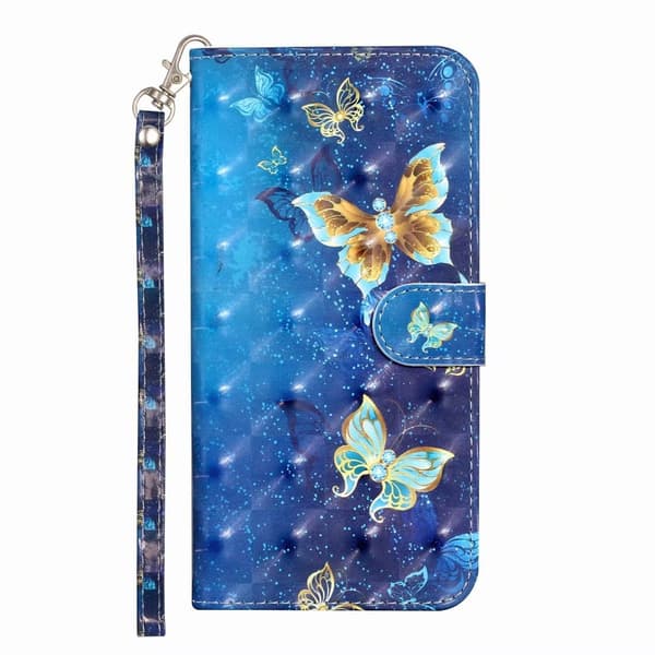 Etui til iPhone 13 Pro Blå og gull sommerfugl Malt Lommebok med Kortholder Flip