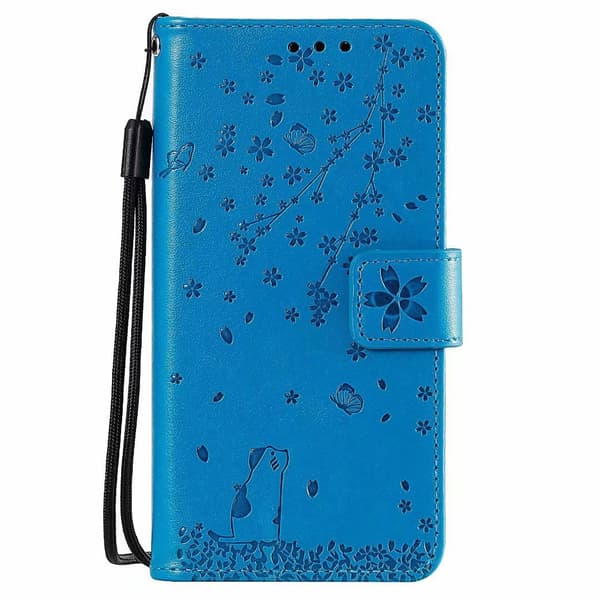 Etui til iPhone 14 Plus blå Sakura Kat 3D Præget Tegnebog med Kortholder Flip