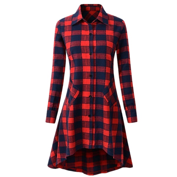 Löstsittande bomull, linne, rutigt, långärmad, medellånga klänning, skjortklänning Wine Red XL