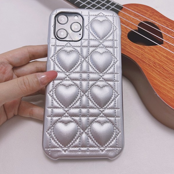 Etui til iPhone 14 Sølv kærligheds diamant skal Luksus diamant hjerte læder tekstureret syning