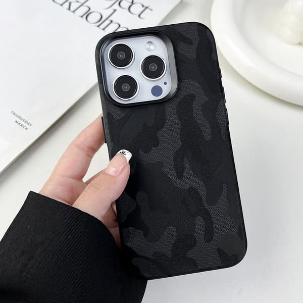 Etui til iPhone 14 Pro Elegant sort \"camouflage læder magnetisk etui\" klassisk Camouflage læder Magnetisk