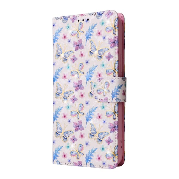 Etui til iPhone 16 Pro Sommerfugl Blomst Guldstemplet RFID-Blokerende Flip Farverigt Malet Tre Wallet med Kortholder