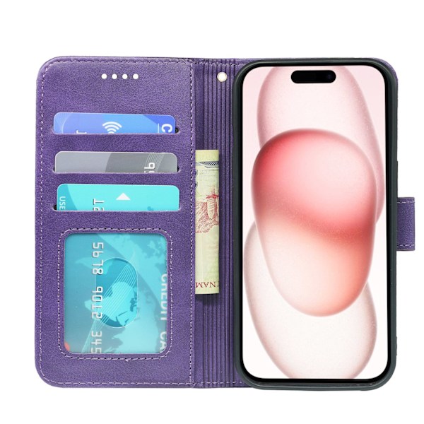 Kotelo iPhone iPhone 16 Plus -puhelimelle, violetti vasikannahka, valokuvakehys