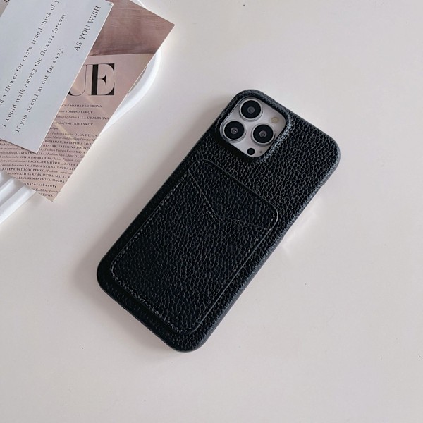 Etui til iPhone 14 Sort lychee læder kortholder Klassisk Pebbled Kortholder Lædertekstur